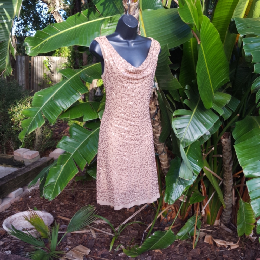 pastel pink cowl neck sequin dress